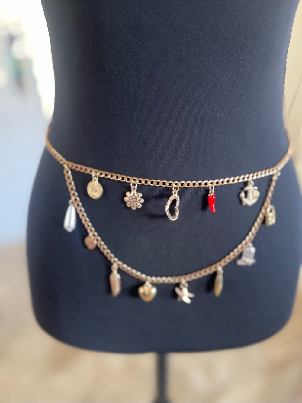 Gold Tone Double Layer Charm Chain Belt - Red & Mixed Charms